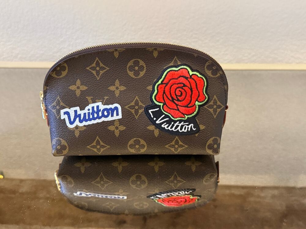 LOUIS VUITTON Monogram LV Story Cosmetic Pouch Small Zip Bag Purse Patches